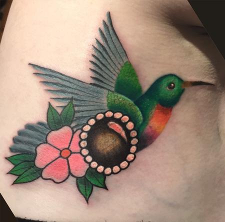Tattoos - Humming bird with Traditional flower and jewel - 116844